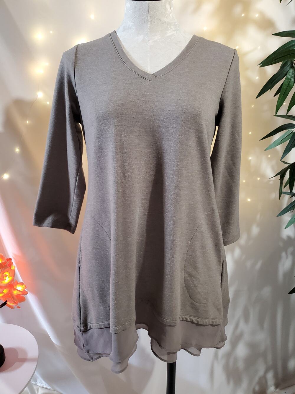 LOGO Lounge by Lori Goldstein French Terry Tunic Top Tiered Chiffon Ruffle XS